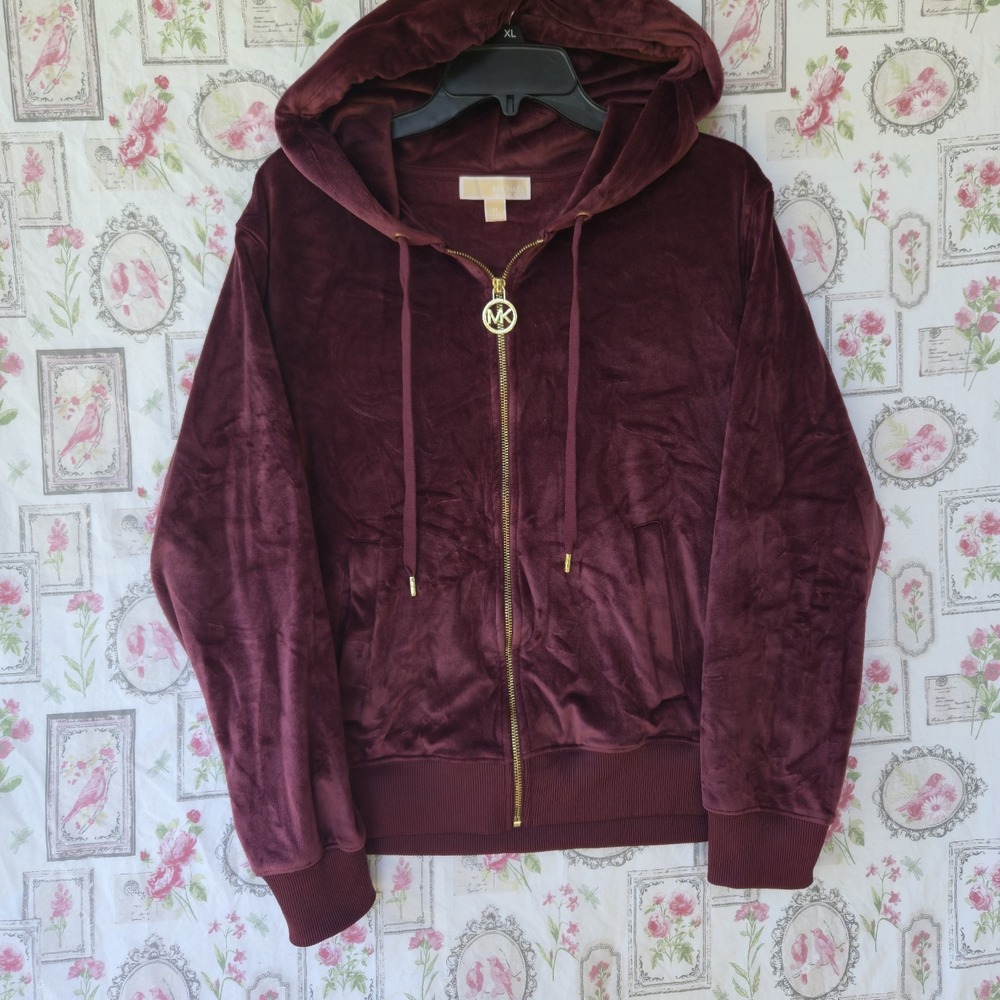 Michael Kors Women Velour Velvet Full Zip Hoodie Jacket Burgundy Wine Medium